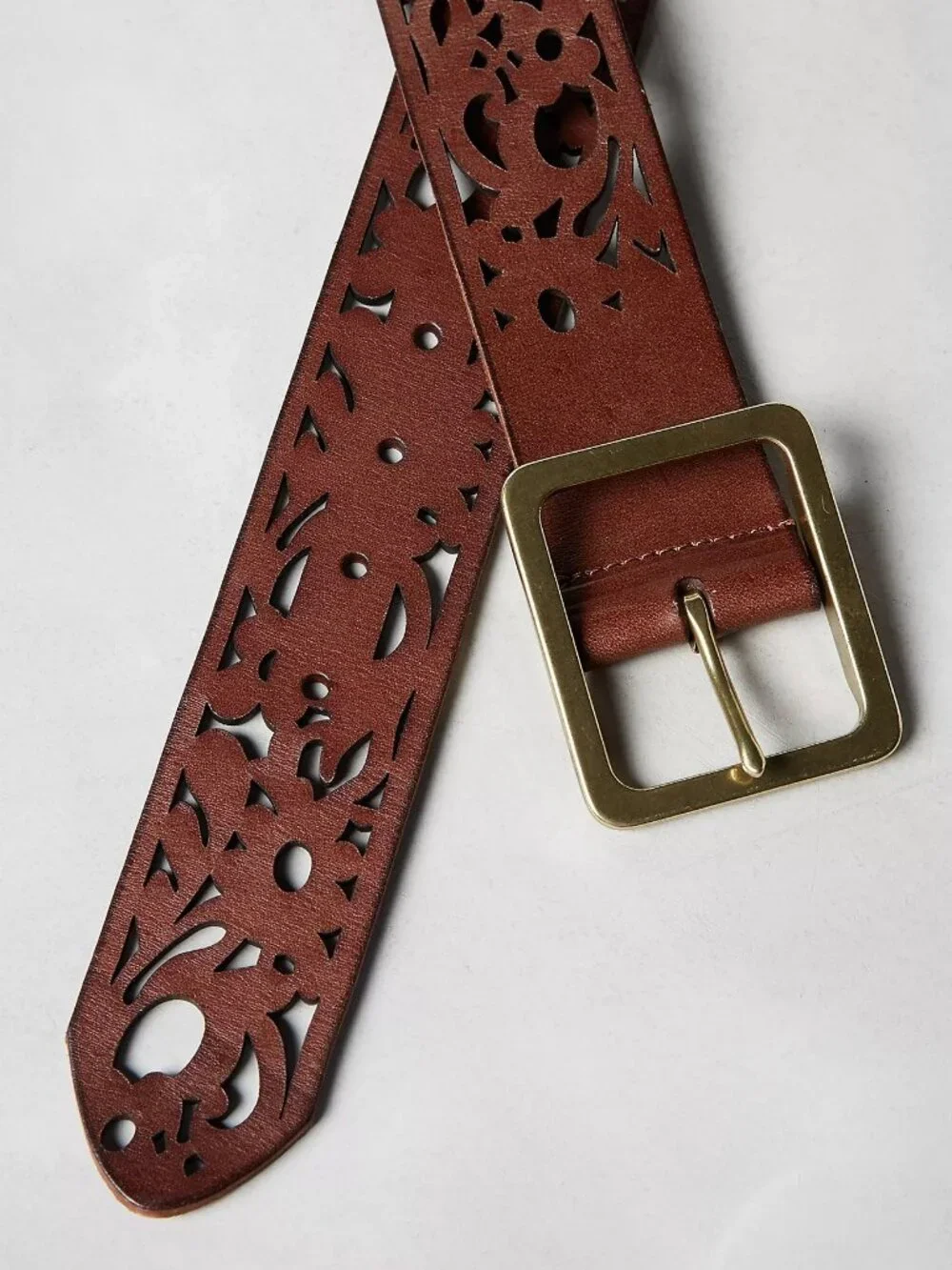 Anthropologie Timberwork Cutout Leather Belt - Brown/Brass - Size L/XL